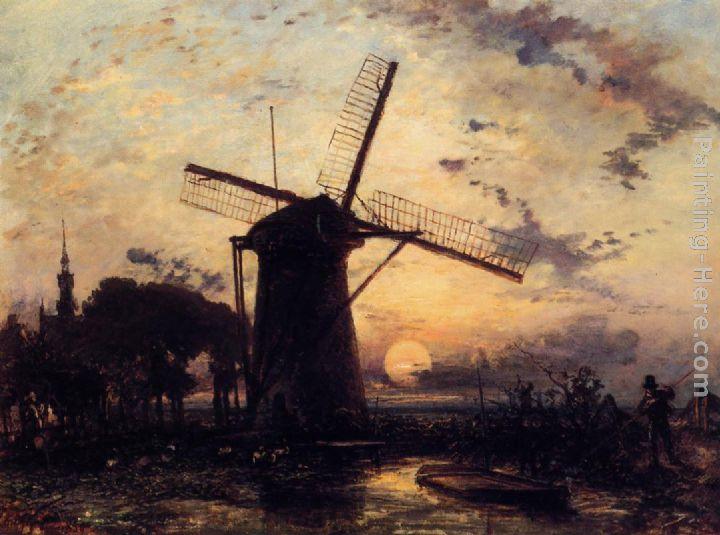 Johan Barthold Jongkind Boatman by a Windmill at Sundown